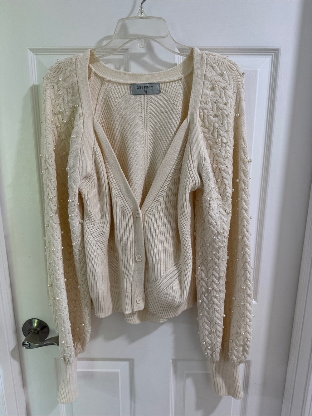 Cream Pearl-Embellished Cable Knit Cardigan